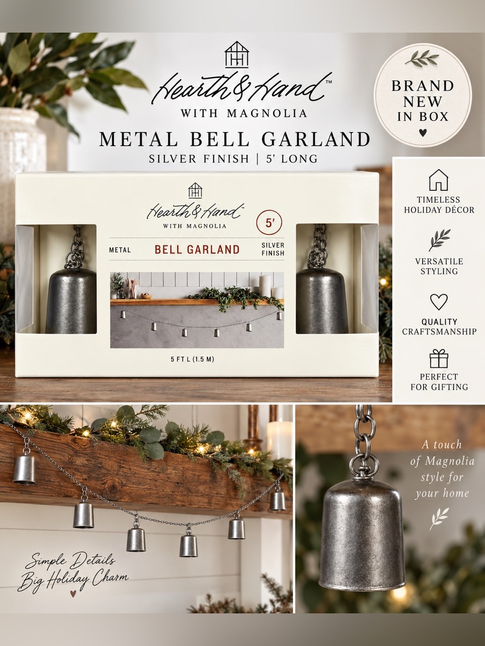 Hearth & Hand Magnolia Metal Bell Garland Silver 5 Ft Holiday Decor NIB